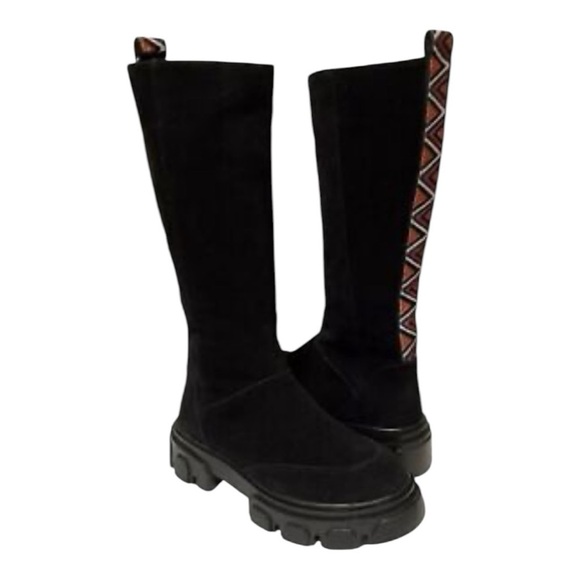 Farm Rio Tall Suede Lug Sole Boots Embroidery Embroidered Black - Picture 1 of 9